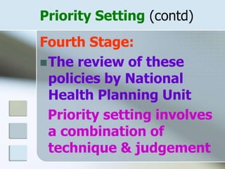 Priority Setting (contd)
Fourth Stage:
The review of these
policies by National
Health Planning Unit
Priority setting involves
a combination of
technique & judgement
 