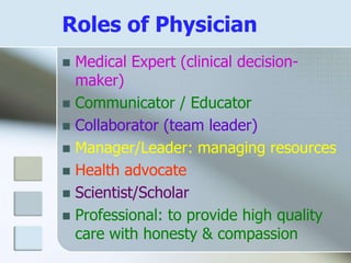 Roles of Physician
 Medical Expert (clinical decision-
maker)
 Communicator / Educator
 Collaborator (team leader)
 Manager/Leader: managing resources
 Health advocate
 Scientist/Scholar
 Professional: to provide high quality
care with honesty & compassion
 