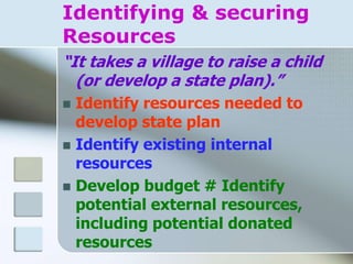 Identifying & securing
Resources
“It takes a village to raise a child
(or develop a state plan).”
 Identify resources needed to
develop state plan
 Identify existing internal
resources
 Develop budget # Identify
potential external resources,
including potential donated
resources
 