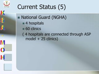 Current Status (5)
 National Guard (NGHA)
 4 hospitals
 60 clinics
( 4 hospitals are connected through ASP
model + 25 clinics)
 