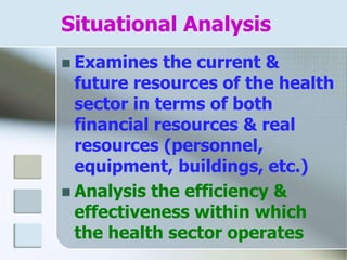 Situational Analysis
 Examines the current &
future resources of the health
sector in terms of both
financial resources & real
resources (personnel,
equipment, buildings, etc.)
 Analysis the efficiency &
effectiveness within which
the health sector operates
 