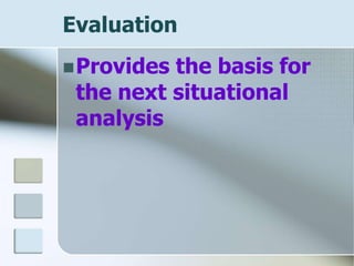 Evaluation
Provides the basis for
the next situational
analysis
 