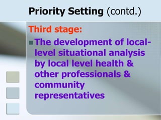 Priority Setting (contd.)
Third stage:
 The development of local-
level situational analysis
by local level health &
other professionals &
community
representatives
 