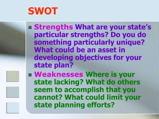 SWOT
 Strengths What are your state’s
particular strengths? Do you do
something particularly unique?
What could be an asset in
developing objectives for your
state plan?
 Weaknesses Where is your
state lacking? What do others
seem to accomplish that you
cannot? What could limit your
state planning efforts?
 
