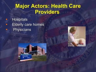 Major Actors: Health Care Providers  Hospitals Elderly care homes  Physicians  