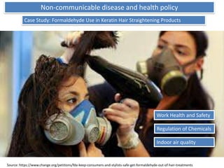 Non-communicable disease and health policy
Case Study: Formaldehyde Use in Keratin Hair Straightening Products

Work Health and Safety
Regulation of Chemicals
Indoor air quality

Source: https://www.change.org/petitions/fda-keep-consumers-and-stylists-safe-get-formaldehyde-out-of-hair-treatments

 