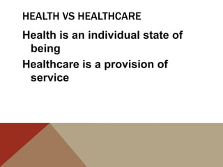 HEALTH VS HEALTHCARE
Health is an individual state of
 being
Healthcare is a provision of
 service
 