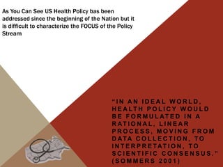 As You Can See US Health Policy bas been
addressed since the beginning of the Nation but it
is difficult to characterize the FOCUS of the Policy
Stream




                                           “IN AN IDEAL WORLD,
                                           H E A LT H P O L I C Y W O U L D
                                           B E F O R M U L AT E D I N A
                                           R AT I O N A L , L I N E A R
                                           PROCESS, MOVING FROM
                                           D ATA C O L L E C T I O N , T O
                                           I N T E R P R E TAT I O N , T O
                                           SCIENTIFIC CONSENSUS.”
                                           (SOMMERS 2001)
 