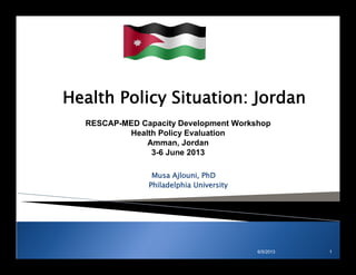 6/5/2013 1
Health Policy Situation: Jordan
Musa Ajlouni, PhD
Philadelphia University
RESCAP-MED Capacity Development Workshop
Health Policy Evaluation
Amman, Jordan
3-6 June 2013
 