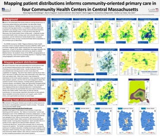 Mapping patient distributions informs community-oriented primary care in
              four Community Health Centers in Central Massachusetts
                                                            Yelena Ogneva-Himmelberger1, Warren Ferguson2, Suzanne Cashman2, Rahul Rakshit1, Marie Caggiano3, Konstantinos Deligiannidis4, Heather-Lyn Haley2, Ben Adler5
1   Clark University, 950 Main St., Worcester, MA 01610, yogneva@clarku.edu, 2 Department of Family Medicine and Community Health, University of Massachusetts Medical School, 55 Lake Avenue North, Worcester, MA 01655, 3 Hahnemann Family Health Center, 279 Lincoln Street, Worcester, MA 01605, 4 Barre Family Health Center, Worcester Road, Barre MA 01005,5 Fitchburg Community Health Center, 275 Nichols Rd Fitchburg, MA 01420




    Based on the philosophy that family medicine training should occur in
    community-based practices and hospitals, the Worcester Family
    Medicine Residency (WFMR) training program was structured to
    combine learning opportunities in an academic medical center with
    outpatient care training in three unique community-based practices:
    the Barre Family Health Center, a rural site thirty miles west of
    Worcester, the Family Health Center of Worcester, a federally funded
    community health center serving a poor and culturally diverse urban
    population, and the Hahnemann Family Health Center, a hospital-
    owned health center serving a socioeconomically diverse population in
    the northeast part of Worcester.

      The WFMR received an AAMC “Regional Medicine-Public Health
    Education Centers-Graduate Medical Education (RMPHEC-GME)” grant
    to further integrate public health training into the clinical training
    experience. As part of the effort, collaboration was begun between the
    department of Family Medicine and Community Health at UMASS
    Medical School, the academic home of the WFMR, and geographers at
    Clark University, a local resource providing expertise in mapping of data
    using Geographic Information Systems (GIS).




    A series of thematic maps were generated from actual practice data
    on the patients being served by each residency site and also by
    Fitchburg Community Health Center. Faculty champions from each
    site attended two training sessions to learn more about the
    capabilities of mapping. They were then asked to lead faculty at their
    site in discussion to define five maps they would like to see made from
    their own patient data. Most sites chose a map showing the
    distribution of the entire patient population, some requested a map of
    their pediatric patients, and then the rest were designed to depict the
    spread of certain chronic diseases, including asthma, hypertension,
    coronary disease, and diabetes. Maps were generated using geocoding
    and point density tools in ArcGIS Desktop software. The main goal of
    this mapping activity was to educate physicians in training about
    where their patients live and facilitate discussion about environmental
    factors that impact health. These maps can also be used by
    practitioners to communicate important information to their patients
    about available community resources such as gyms, parks, health
    clinics, and supermarkets (as shown on some maps).



    One element of the grant initiative was to build an online resource to
    aid faculty in teaching about population health concepts. This portal,
    the Community Health Toolkit
    (http://www.umassmed.edu/fmch/toolkit.aspx),
    provides three types of information to aid clinicians in both their
    teaching and their practice. The “Data on Communities” section was
    developed as part of the UMMS/Clark University collaboration. In total,
    24 thematic maps were generated by the GIS team at Clark University
    and uploaded to the “Data on Communities” web section of the
    Community Health Toolkit. Other sections of the Community Health
    Toolkit include “Learning about Populations” which provides links to a
    variety of local, regional and national health indicators, and a
    “Community Resources” section which provides links to community
    resources for patients. The Toolkit is presented to learners along the
    continuum of medical education, including second year students in the
    Population Health Clerkship, first year residents in the Family Medicine
    and Community Health rotation, then used as a resource by residents
    as they complete presentations and research projects.
 