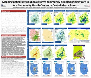 Mapping patient distributions informs community-oriented primary care in
              four Community Health Centers in Central Massachusetts
                                                            Yelena Ogneva-Himmelberger1, Warren Ferguson2, Suzanne Cashman2, Rahul Rakshit1, Marie Caggiano3, Konstantinos Deligiannidis4, Heather-Lyn Haley2, Ben Adler5
1   Clark University, 950 Main St., Worcester, MA 01610, yogneva@clarku.edu, 2 Department of Family Medicine and Community Health, University of Massachusetts Medical School, 55 Lake Avenue North, Worcester, MA 01655, 3 Hahnemann Family Health Center, 279 Lincoln Street, Worcester, MA 01605, 4 Barre Family Health Center, Worcester Road, Barre MA 01005,5 Fitchburg Community Health Center, 275 Nichols Rd Fitchburg, MA 01420




    Based on the philosophy that family medicine training should occur in
    community-based practices and hospitals, the Worcester Family
    Medicine Residency (WFMR) training program was structured to
    combine learning opportunities in an academic medical center with
    outpatient care training in three unique community-based practices:
    the Barre Family Health Center, a rural site thirty miles west of
    Worcester, the Family Health Center of Worcester, a federally funded
    community health center serving a poor and culturally diverse urban
    population, and the Hahnemann Family Health Center, a hospital-
    owned health center serving a socioeconomically diverse population in
    the northeast part of Worcester.

      The WFMR received an AAMC “Regional Medicine-Public Health
    Education Centers-Graduate Medical Education (RMPHEC-GME)” grant
    to further integrate public health training into the clinical training
    experience. As part of the effort, collaboration was begun between the
    department of Family Medicine and Community Health at UMASS
    Medical School, the academic home of the WFMR, and geographers at
    Clark University, a local resource providing expertise in mapping of data
    using Geographic Information Systems (GIS).




    A series of thematic maps were generated from actual practice data
    on the patients being served by each residency site and also by
    Fitchburg Community Health Center. Faculty champions from each
    site attended two training sessions to learn more about the
    capabilities of mapping. They were then asked to lead faculty at their
    site in discussion to define five maps they would like to see made from
    their own patient data. Most sites chose a map showing the
    distribution of the entire patient population, some requested a map of
    their pediatric patients, and then the rest were designed to depict the
    spread of certain chronic diseases, including
    asthma, hypertension, coronary disease, and diabetes. Maps were
    generated using geocoding and point density tools in ArcGIS Desktop
    software. The main goal of this mapping activity was to educate
    physicians in training about where their patients live and facilitate
    discussion about environmental factors that impact health. These
    maps can also be used by practitioners to communicate important
    information to their patients about available community resources
    such as gyms, parks, health clinics, and supermarkets (as shown on
    some maps).


    One element of the grant initiative was to build an online resource to
    aid faculty in teaching about population health concepts. This
    portal, the Community Health Toolkit
    (http://www.umassmed.edu/fmch/toolkit.aspx),
    provides three types of information to aid clinicians in both their
    teaching and their practice. The “Data on Communities” section was
    developed as part of the UMMS/Clark University collaboration. In
    total, 24 thematic maps were generated by the GIS team at Clark
    University and uploaded to the “Data on Communities” web section of
    the Community Health Toolkit. Other sections of the Community
    Health Toolkit include “Learning about Populations” which provides
    links to a variety of local, regional and national health indicators, and a
    “Community Resources” section which provides links to community
    resources for patients. The Toolkit is presented to learners along the
    continuum of medical education, including second year students in the
    Population Health Clerkship, first year residents in the Family Medicine
    and Community Health rotation, then used as a resource by residents
    as they complete presentations and research projects.
 