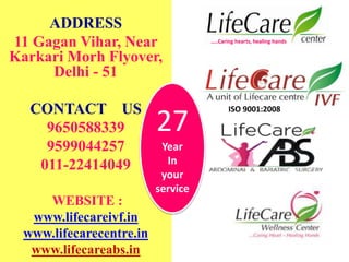 ADDRESS
11 Gagan Vihar, Near
Karkari Morh Flyover,
Delhi - 51
CONTACT US
9650588339
9599044257
011-22414049
WEBSITE :
www.lifecareivf.in
www.lifecarecentre.in
www.lifecareabs.in
…..Caring hearts, healing hands
ISO 9001:2008
27
Year
In
your
service
 