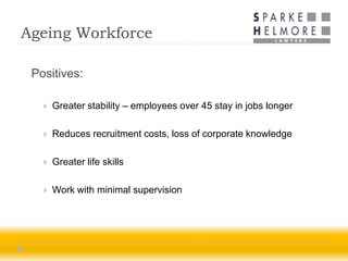 Ageing Workforce

 Positives:

      Greater stability – employees over 45 stay in jobs longer

      Reduces recruitment costs, loss of corporate knowledge

      Greater life skills

      Work with minimal supervision
 