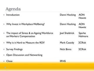 Agenda
   Introduction                                 Danni Hocking    AON
                                                                  Hewitt

   Why Invest in Workplace Wellbeing?           Danni Hocking    AON
                                                                  Hewitt

   The impact of Stress & an Ageing Workforce   Joel Sheldrick   Sparke
    on Workers Compensation                                       Helmore

   Why is it Hard to Measure the ROI?           Mark Cassidy     2CRisk

   Survey Findings                              Nick Binns       2CRisk

   Open Discussion and Networking

   Close                                        09:45
 