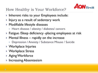 How Healthy is Your Workforce?
   Inherent risks to your Employees include:
   Injury as a result of sedentary work
   Modifiable lifestyle diseases
       Heart disease / obesity / diabetes/ cancers
   Fatigue /Sleep deficiency -placing employees at risk
   Mental Illness – rapidly on the increase
       Depression / Anxiety / Substance Misuse / Suicide
   Workplace Injuries
   Workplace Stress
   Aging Workforce
   Increasing Absenteeism
 