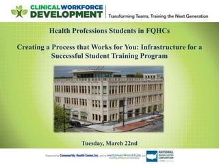 Health Professions Students in FQHCs
Creating a Process that Works for You: Infrastructure for a
Successful Student Training Program
Tuesday, March 22nd
 