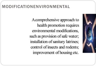 ENVIRONMENTAL
MODIFICATION
Acomprehensive approach to
health promotion requires
environmental modifications,
such as provision of safe water;
installation of sanitary latrines;
control of insects and rodents;
improvement of housingetc.
 