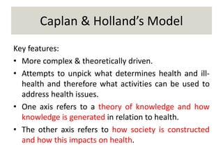 Caplan & Holland’s Model
Key features:
• More complex & theoretically driven.
• Attempts to unpick what determines health and ill-
health and therefore what activities can be used to
address health issues.
• One axis refers to a theory of knowledge and how
knowledge is generated in relation to health.
• The other axis refers to how society is constructed
and how this impacts on health.
 