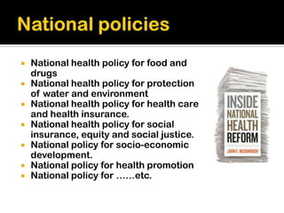 







National health policy for food and
drugs
National health policy for protection
of water and environment
Na...