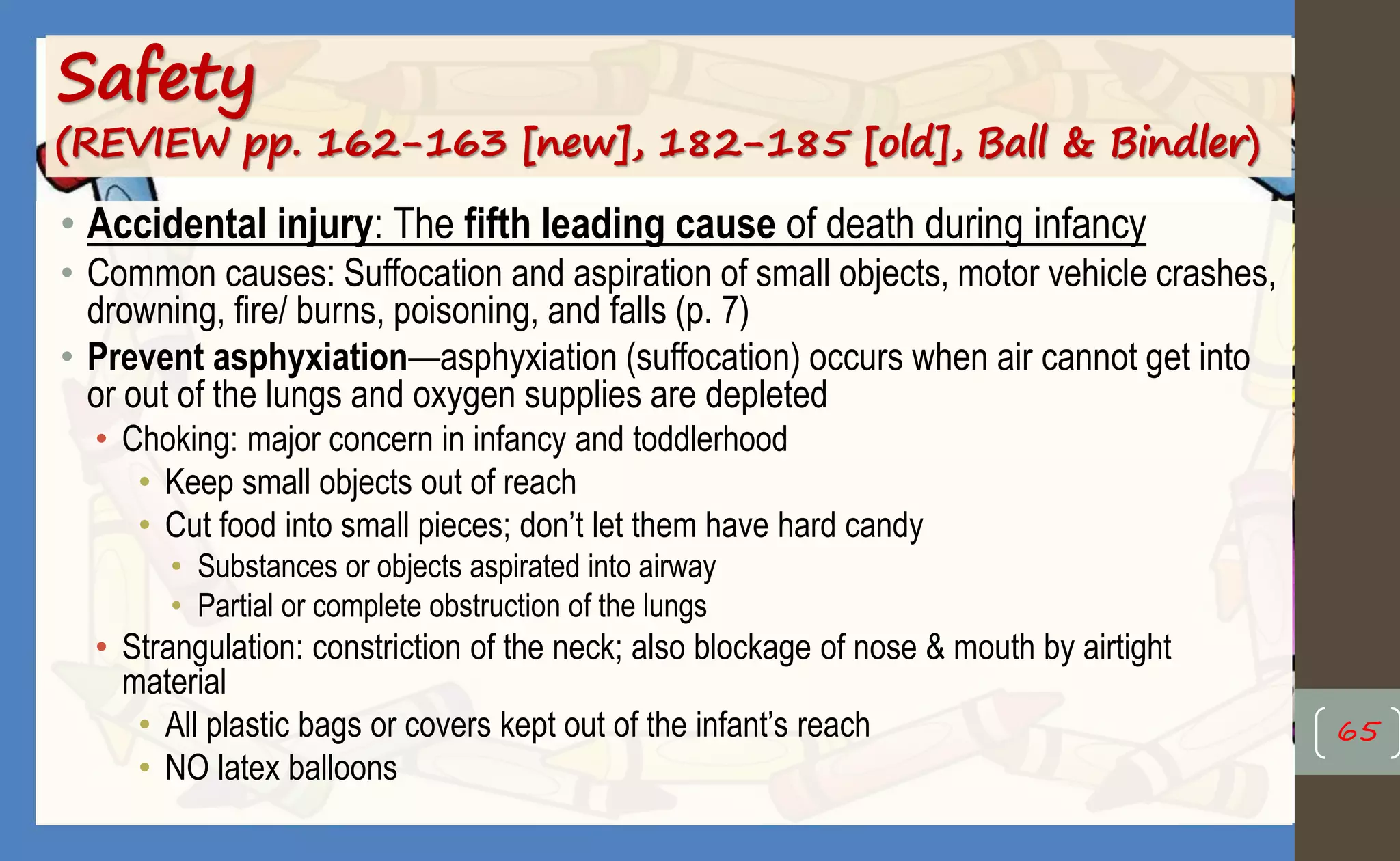 Safety
(REVIEW pp. 162-163 [new], 182-185 [old], Ball & Bindler)
• Accidental injury: The fifth leading cause of death during infancy
• Common causes: Suffocation and aspiration of small objects, motor vehicle crashes,
drowning, fire/ burns, poisoning, and falls (p. 7)
• Prevent asphyxiation—asphyxiation (suffocation) occurs when air cannot get into
or out of the lungs and oxygen supplies are depleted
• Choking: major concern in infancy and toddlerhood
• Keep small objects out of reach
• Cut food into small pieces; don’t let them have hard candy
• Substances or objects aspirated into airway
• Partial or complete obstruction of the lungs
• Strangulation: constriction of the neck; also blockage of nose & mouth by airtight
material
• All plastic bags or covers kept out of the infant’s reach
• NO latex balloons
65
 
