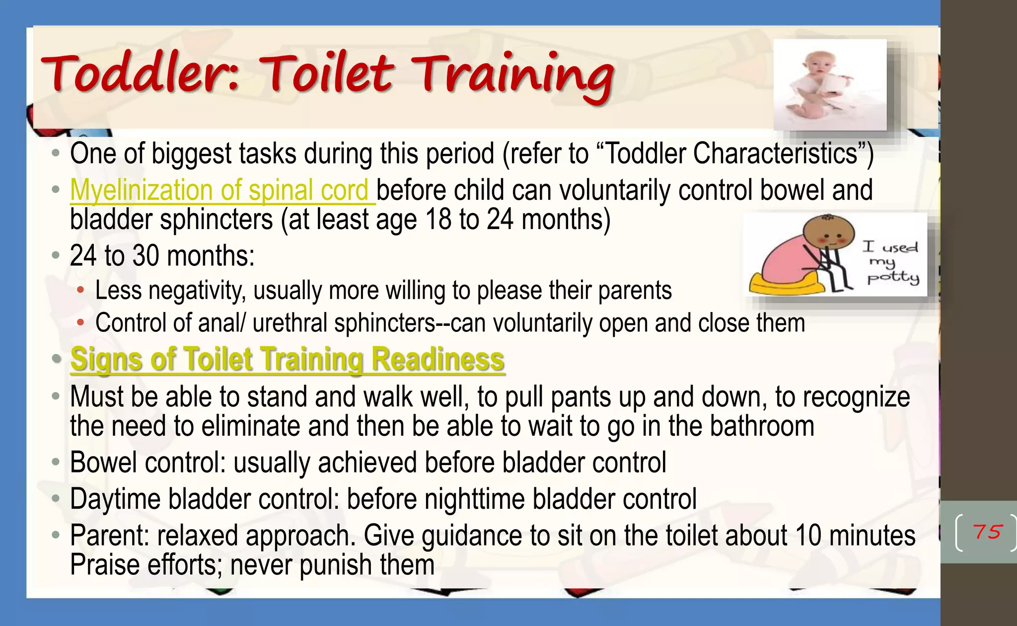 Toddler: Toilet Training
• One of biggest tasks during this period (refer to “Toddler Characteristics”)
• Myelinization of spinal cord before child can voluntarily control bowel and
bladder sphincters (at least age 18 to 24 months)
• 24 to 30 months:
• Less negativity, usually more willing to please their parents
• Control of anal/ urethral sphincters--can voluntarily open and close them
• Signs of Toilet Training Readiness
• Must be able to stand and walk well, to pull pants up and down, to recognize
the need to eliminate and then be able to wait to go in the bathroom
• Bowel control: usually achieved before bladder control
• Daytime bladder control: before nighttime bladder control
• Parent: relaxed approach. Give guidance to sit on the toilet about 10 minutes
Praise efforts; never punish them
75
 