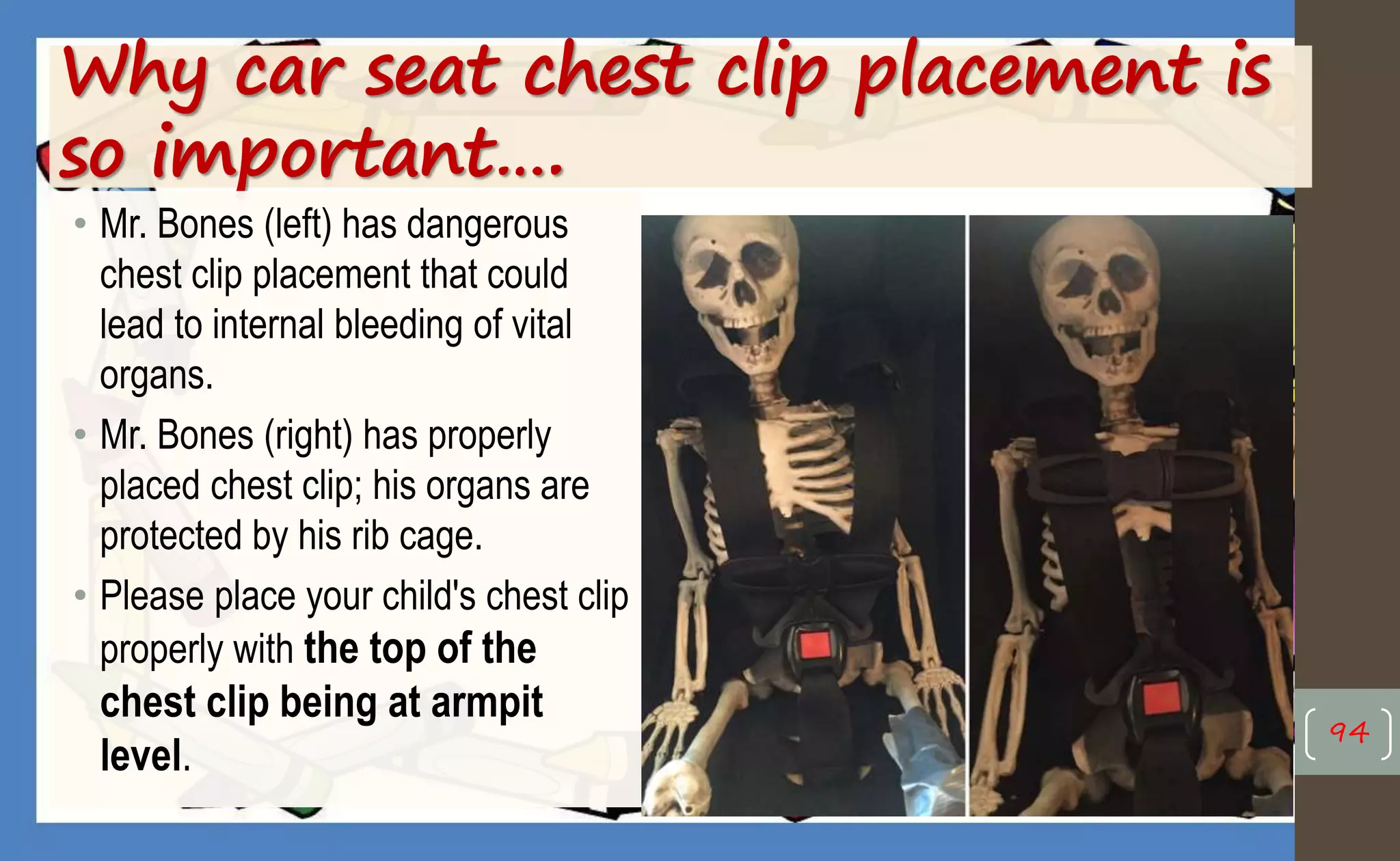 Why car seat chest clip placement is
so important….
• Mr. Bones (left) has dangerous
chest clip placement that could
lead to internal bleeding of vital
organs.
• Mr. Bones (right) has properly
placed chest clip; his organs are
protected by his rib cage.
• Please place your child's chest clip
properly with the top of the
chest clip being at armpit
level.
94
 