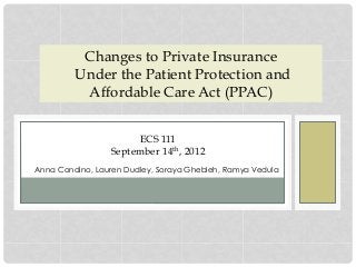 Changes to Private Insurance
Under the Patient Protection and
Affordable Care Act (PPAC)
Anna Condino, Lauren Dudley, Soraya Ghebleh, Ramya Vedula
ECS 111
September 14th, 2012
 
