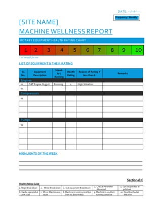 DATE: --/--/----
[SITE NAME]
MACHINE WELLNESS REPORT
ROTARY EQUIPMENT HEALTH RATING CHART
* 10 being fit for use
LIST OF EQUIPMENT & THEIR RATING
Sr.
No.
Equipment
Description
Stand-
by /
Running
Health
Rating
Reason of Rating if
less than 6
Remarks
Engines
01 CAT Engine G-3516 Running 4 High Vibration
02
Compressors
01
Pumps
01
HIGHLIGHTS OF THE WEEK
_______________________________________________________________________________
_______________________________________________________________________________
_______________________________________________________________________________
Sectional IC
Health Rating Guide
1. Major Beak Down 2. Minor BreakDown 3. Sub equipment BreakDown
4. Critical Parameter
Abnormal
5. Can beoperated at
50% load
6. Can beoperated at
70% load
7. Minor Maintenance
issues
8. Machinein runningcondition
with no abnormality
9. Machinein excellent
running condition
10. New/Overhauled
Machine
Frequency: Weekly
 