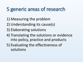 5 generic areas of research
1) Measuring the problem
2) Understanding its cause(s)
3) Elaborating solutions
4) Translating the solutions or evidence
into policy, practice and products
5) Evaluating the effectiveness of
solutions
 