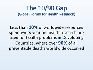 The 10/90 Gap
(Global Forum for Health Research)
Less than 10% of worldwide resources
spent every year on health research are
used for health problems in Developing
Countries, where over 90% of all
preventable deaths worldwide occurred
 