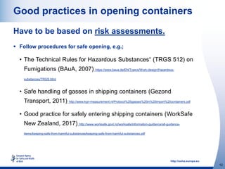 http://osha.europa.eu
12
Good practices in opening containers
Have to be based on risk assessments.
 Follow procedures for safe opening, e.g.;
• The Technical Rules for Hazardous Substances“ (TRGS 512) on
Fumigations (BAuA, 2007) https://www.baua.de/EN/Topics/Work-design/Hazardous-
substances/TRGS.html
• Safe handling of gasses in shipping containers (Gezond
Transport, 2011) http://www.kgn-measurement.nl/Protocol%20gasses%20in%20import%20containers.pdf
• Good practice for safely entering shipping containers (WorkSafe
New Zealand, 2017) http://www.worksafe.govt.nz/worksafe/information-guidance/all-guidance-
items/keeping-safe-from-harmful-substances/keeping-safe-from-harmful-substances.pdf
 