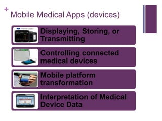 +
Mobile Medical Apps (devices)
Displaying, Storing, or
Transmitting
Controlling connected
medical devices
Mobile platform
transformation
Interpretation of Medical
Device Data
 