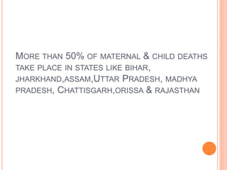 MORE THAN 50% OF MATERNAL & CHILD DEATHS
TAKE PLACE IN STATES LIKE BIHAR,
JHARKHAND,ASSAM,UTTAR PRADESH, MADHYA
PRADESH, CHATTISGARH,ORISSA & RAJASTHAN
 