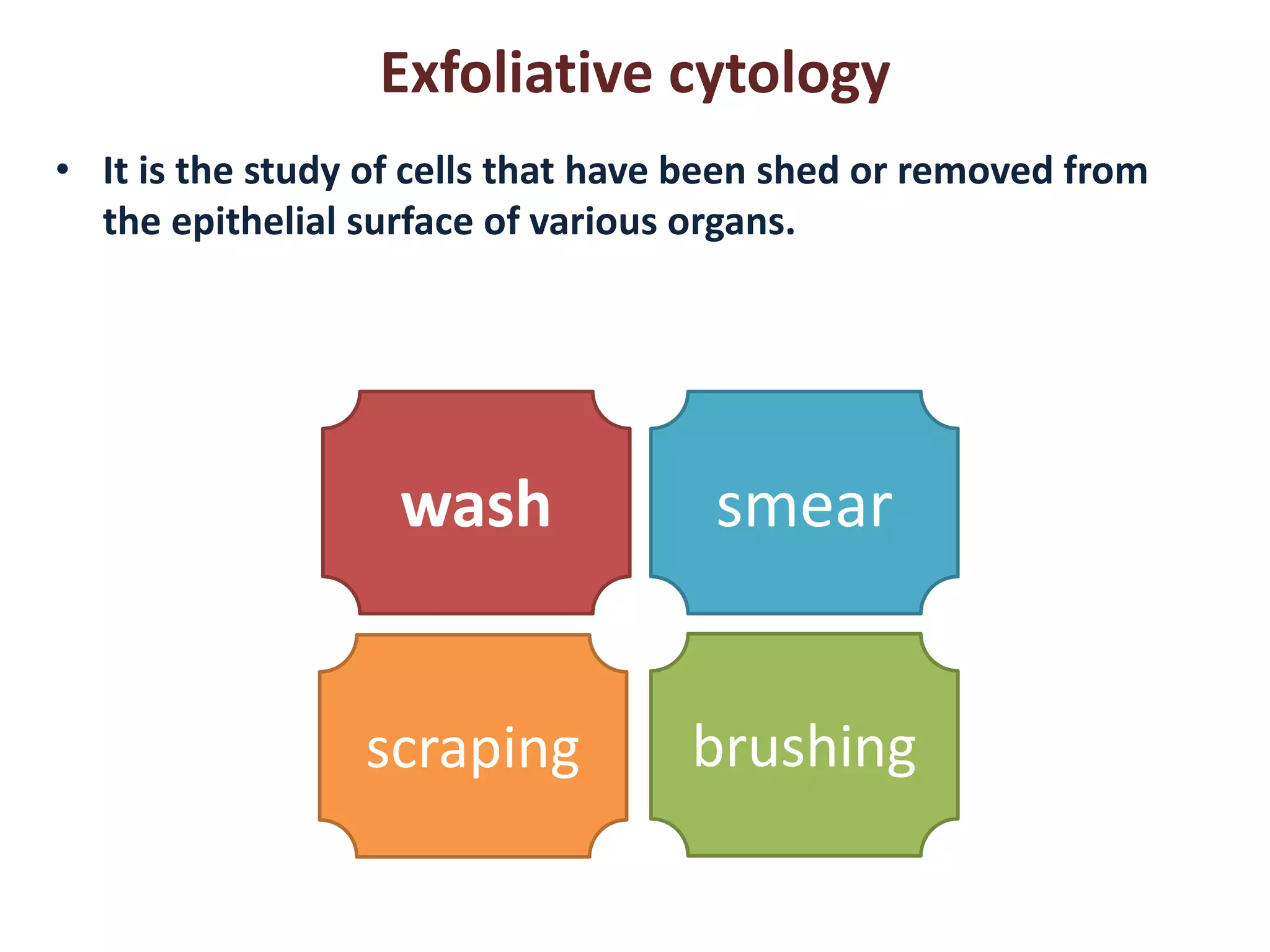 Exfoliative cytology 
• It is the study of cells that have been shed or removed from 
the epithelial surface of various organs. 
wash smear 
scraping brushing 
 