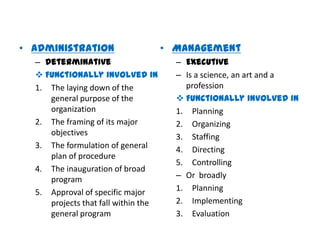 • Administration                     • Management
  – Determinative                      – Executive
   Functionally involved in           – Is a science, an art and a
  1. The laying down of the              profession
     general purpose of the             Functionally involved in
     organization                      1. Planning
  2. The framing of its major          2. Organizing
     objectives                        3. Staffing
  3. The formulation of general        4. Directing
     plan of procedure
                                       5. Controlling
  4. The inauguration of broad
     program                           – Or broadly
  5. Approval of specific major        1. Planning
     projects that fall within the     2. Implementing
     general program                   3. Evaluation
 