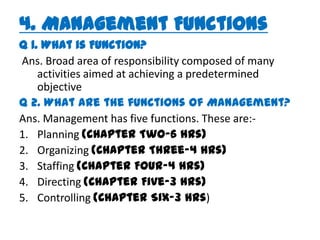 4. Management Functions
Q 1. What is Function?
Ans. Broad area of responsibility composed of many
    activities aimed at achieving a predetermined
    objective
Q 2. What are the functions of Management?
Ans. Management has five functions. These are:-
1. Planning (Chapter Two-6 hrs)
2. Organizing (Chapter Three-4 hrs)
3. Staffing (Chapter Four-4 hrs)
4. Directing (Chapter Five-3 hrs)
5. Controlling (Chapter Six-3 hrs)
 