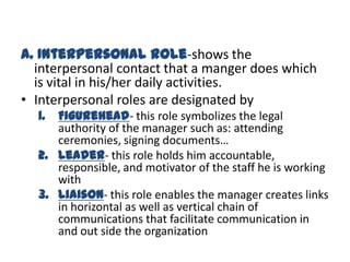 A. Interpersonal Role-shows the
  interpersonal contact that a manger does which
  is vital in his/her daily activities.
• Interpersonal roles are designated by
  1. Figurehead- this role symbolizes the legal
     authority of the manager such as: attending
     ceremonies, signing documents…
  2. Leader- this role holds him accountable,
     responsible, and motivator of the staff he is working
     with
  3. Liaison- this role enables the manager creates links
     in horizontal as well as vertical chain of
     communications that facilitate communication in
     and out side the organization
 