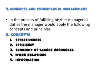 9. Concepts and principles in Management

• In the process of fulfilling his/her managerial
  duties the manager would apply the following
  concepts and principles
A. Concepts
  1.   Effectiveness
  2.   Efficiency
  3.   Economy of Scarce Resources
  4.   Work Relations
  5.   Information
 