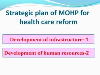 Strategic plan of MOHP for
health care reform
1-Development of infrastructure
2-Development of human resources
 