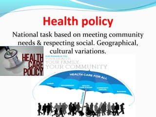 Health policy
National task based on meeting community
needs & respecting social. Geographical,
cultural variations.
 