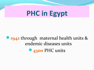 PHC in Egypt
1942 through maternal health units &
endemic diseases units
4300 PHC units
 