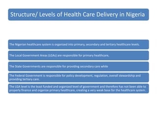 Structure/ Levels of Health Care Delivery in Nigeria
The Nigerian healthcare system is organized into primary, secondary and tertiary healthcare levels.
The Local Government Areas (LGAs) are responsible for primary healthcare,
The State Governments are responsible for providing secondary care while
The Federal Government is responsible for policy development, regulation, overall stewardship and
providing tertiary care.
The LGA level is the least funded and organized level of government and therefore has not been able to
properly finance and organize primary healthcare, creating a very weak base for the healthcare system.
 