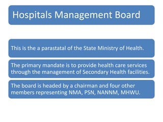 Hospitals Management Board
This is the a parastatal of the State Ministry of Health.
The primary mandate is to provide health care services
through the management of Secondary Health facilities.
The board is headed by a chairman and four other
members representing NMA, PSN, NANNM, MHWU.
 