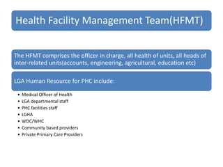 Health Facility Management Team(HFMT)
The HFMT comprises the officer in charge, all health of units, all heads of
inter-related units(accounts, engineering, agricultural, education etc)
LGA Human Resource for PHC include:
• Medical Officer of Health
• LGA departmental staff
• PHC facilities staff
• LGHA
• WDC/WHC
• Community based providers
• Private Primary Care Providers
 