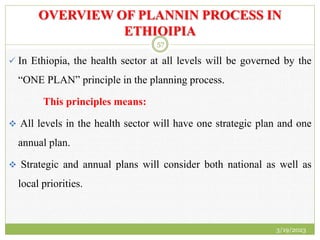 OVERVIEW OF PLANNIN PROCESS IN
ETHIOIPIA
 In Ethiopia, the health sector at all levels will be governed by the
“ONE PLAN” principle in the planning process.
This principles means:
 All levels in the health sector will have one strategic plan and one
annual plan.
 Strategic and annual plans will consider both national as well as
local priorities.
3/19/2023
57
 