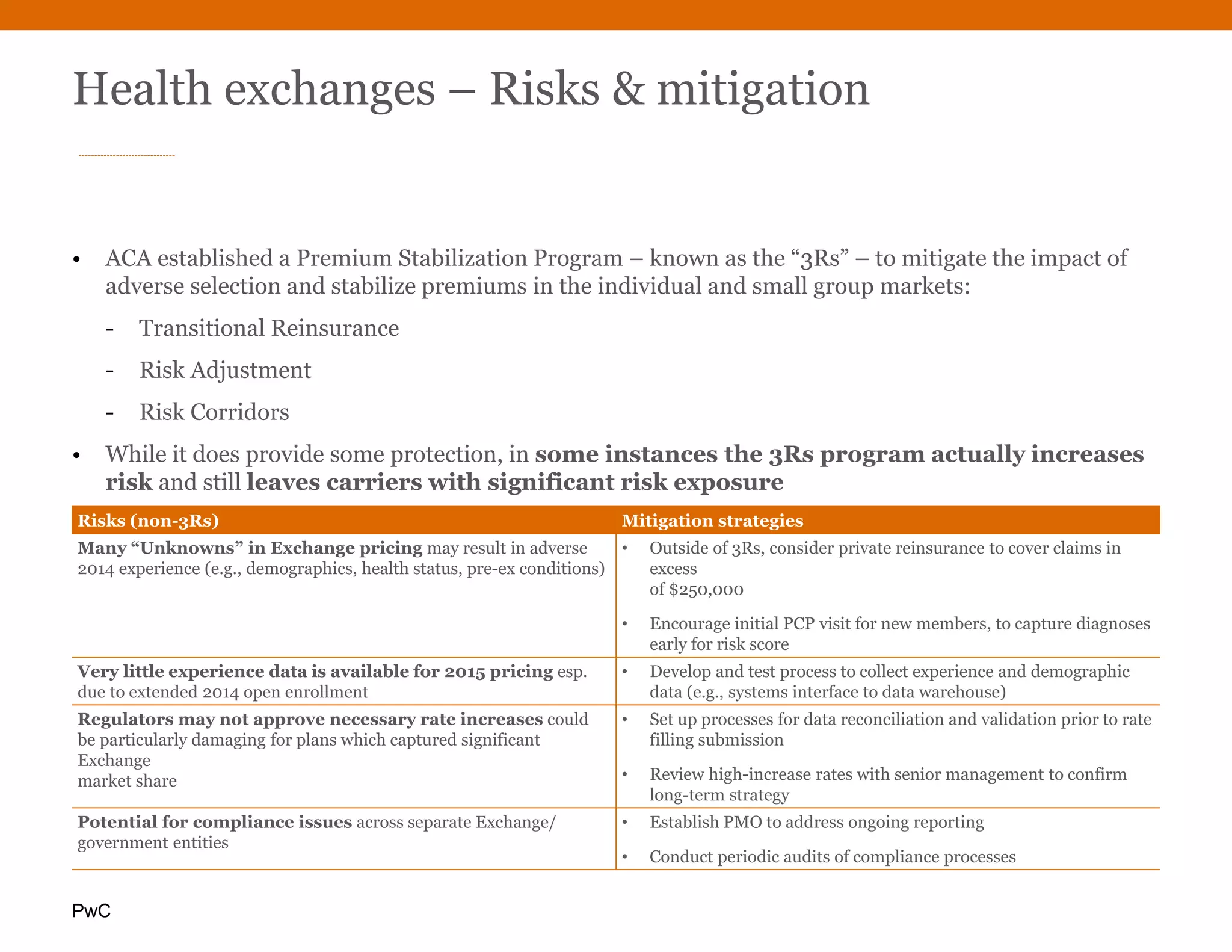PwC
Health exchanges – Risks & mitigation
• ACA established a Premium Stabilization Program – known as the “3Rs” – to mitigate the impact of
adverse selection and stabilize premiums in the individual and small group markets:
- Transitional Reinsurance
- Risk Adjustment
- Risk Corridors
• While it does provide some protection, in some instances the 3Rs program actually increases
risk and still leaves carriers with significant risk exposure
Risks (non-3Rs) Mitigation strategies
Many “Unknowns” in Exchange pricing may result in adverse
2014 experience (e.g., demographics, health status, pre-ex conditions)
• Outside of 3Rs, consider private reinsurance to cover claims in
excess
of $250,000
• Encourage initial PCP visit for new members, to capture diagnoses
early for risk score
Very little experience data is available for 2015 pricing esp.
due to extended 2014 open enrollment
• Develop and test process to collect experience and demographic
data (e.g., systems interface to data warehouse)
Regulators may not approve necessary rate increases could
be particularly damaging for plans which captured significant
Exchange
market share
• Set up processes for data reconciliation and validation prior to rate
filling submission
• Review high-increase rates with senior management to confirm
long-term strategy
Potential for compliance issues across separate Exchange/
government entities
• Establish PMO to address ongoing reporting
• Conduct periodic audits of compliance processes
 