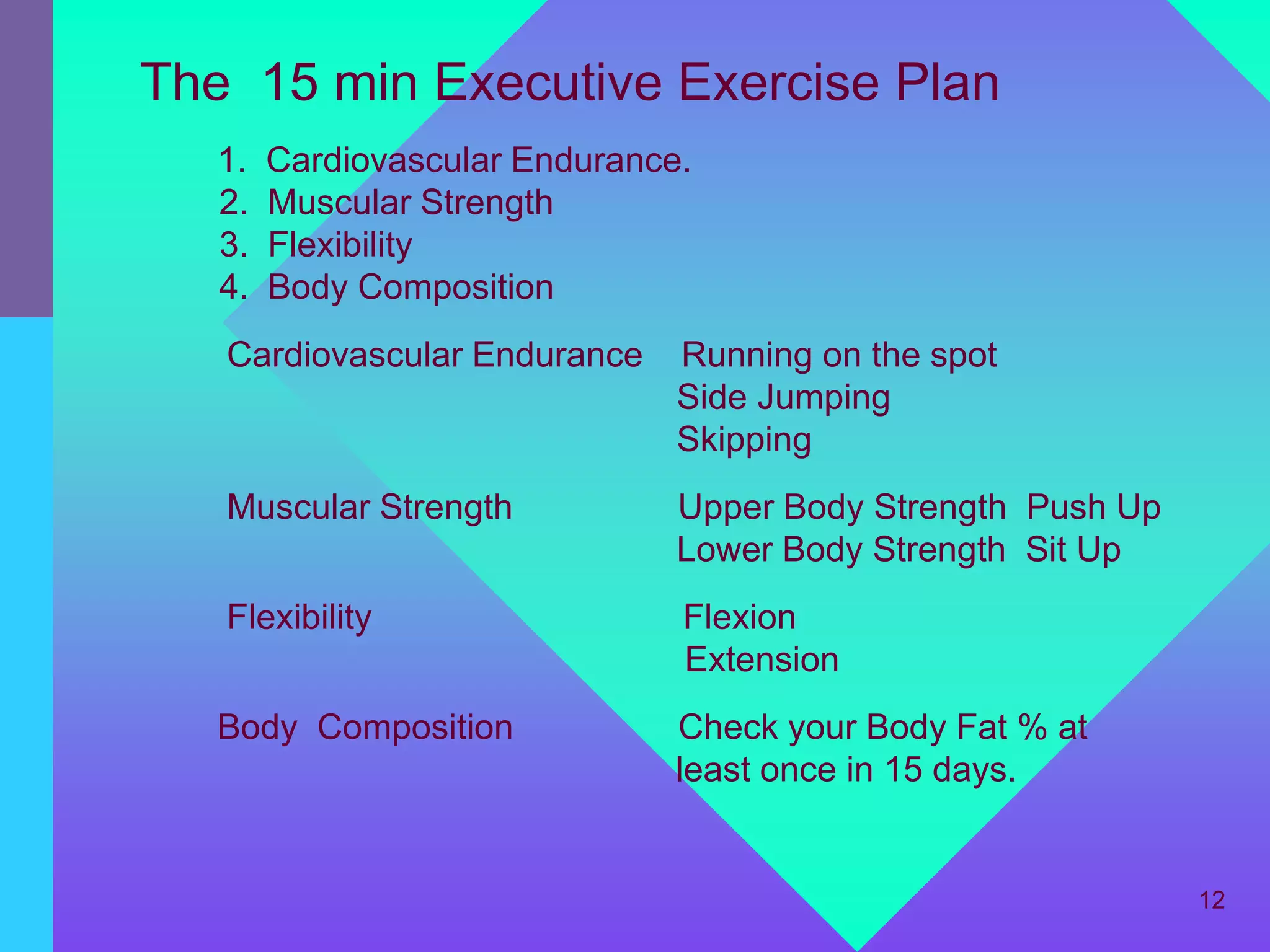 The 15 min Executive Exercise Plan
   1.   Cardiovascular Endurance.
   2.   Muscular Strength
   3.   Flexibility
   4.   Body Composition
   Cardiovascular Endurance     Running on the spot
                                Side Jumping
                                Skipping
   Muscular Strength            Upper Body Strength Push Up
                                Lower Body Strength Sit Up
   Flexibility                  Flexion
                                Extension
   Body Composition             Check your Body Fat % at
                                least once in 15 days.


                                                              12
 