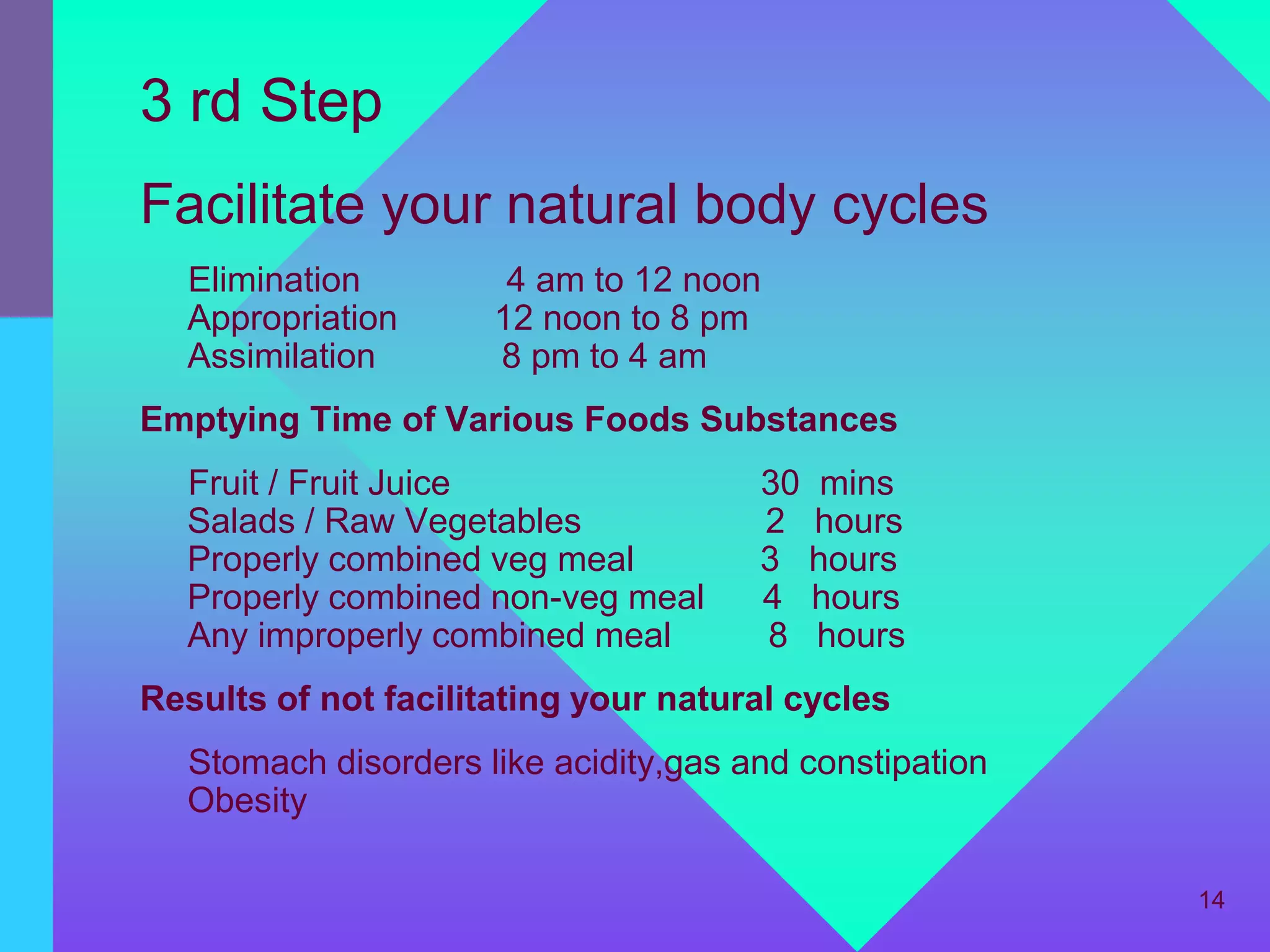 3 rd Step
Facilitate your natural body cycles
  Elimination          4 am to 12 noon
  Appropriation       12 noon to 8 pm
  Assimilation        8 pm to 4 am
Emptying Time of Various Foods Substances
  Fruit / Fruit Juice                 30 mins
  Salads / Raw Vegetables             2 hours
  Properly combined veg meal          3 hours
  Properly combined non-veg meal      4 hours
  Any improperly combined meal        8 hours
Results of not facilitating your natural cycles
  Stomach disorders like acidity,gas and constipation
  Obesity

                                                        14
 