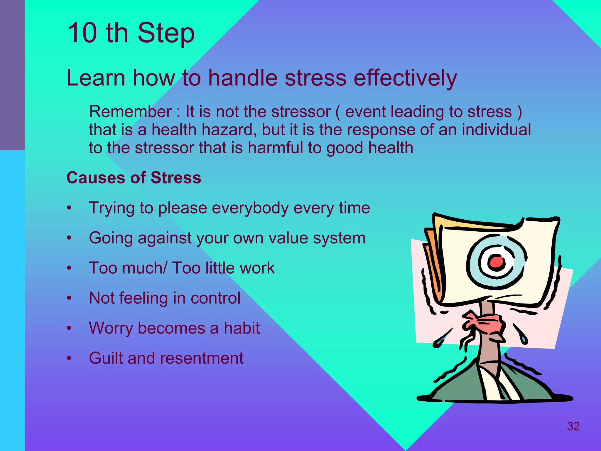 10 th Step
Learn how to handle stress effectively
   Remember : It is not the stressor ( event leading to stress )
   that is a health hazard, but it is the response of an individual
   to the stressor that is harmful to good health
Causes of Stress
• Trying to please everybody every time
• Going against your own value system
• Too much/ Too little work
• Not feeling in control
• Worry becomes a habit
• Guilt and resentment


                                                                      32
 