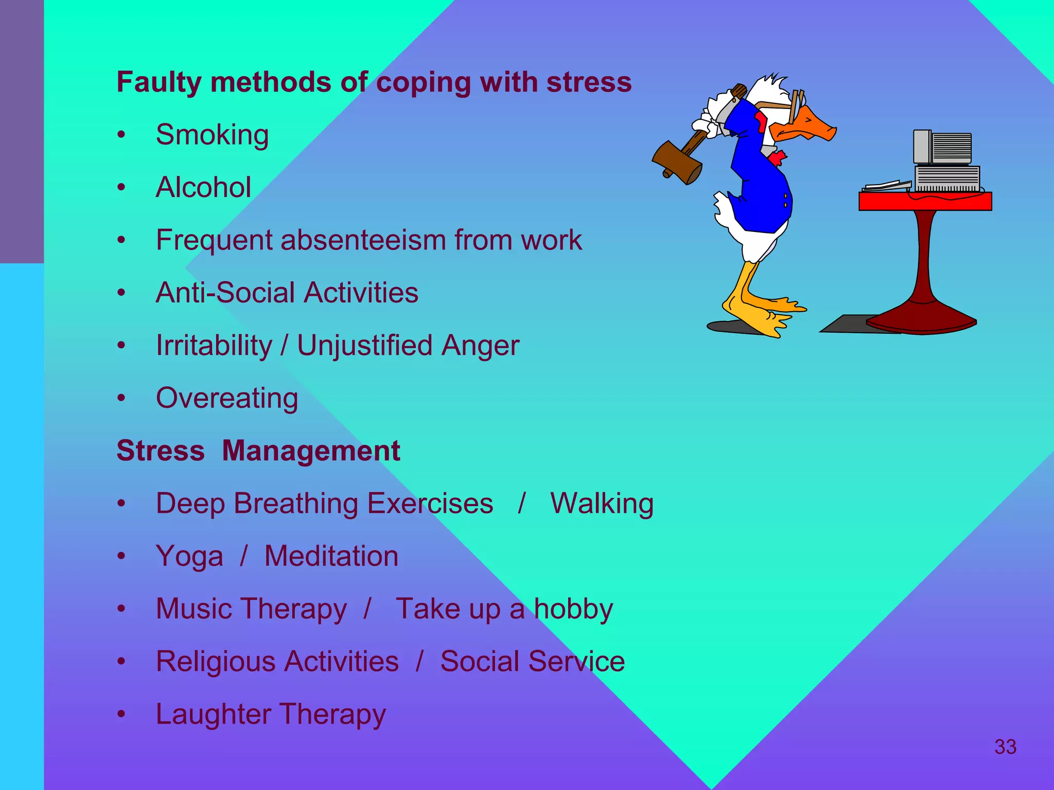 Faulty methods of coping with stress
• Smoking
• Alcohol
• Frequent absenteeism from work
• Anti-Social Activities
• Irritability / Unjustified Anger
• Overeating
Stress Management
• Deep Breathing Exercises / Walking
• Yoga / Meditation
• Music Therapy / Take up a hobby
• Religious Activities / Social Service
• Laughter Therapy
                                          33
 